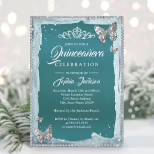 Convite Quinceanera Borboleta Brilho Diamante Prata Turque