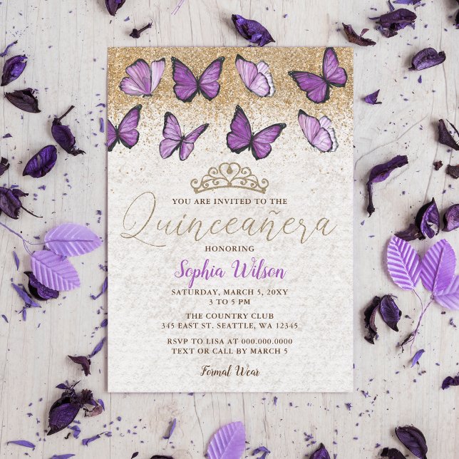 Convite Quinceañera, Borboleta Dourada Roxa (Purple Gold Glitter Butterfly Quinceañera Invitation )
