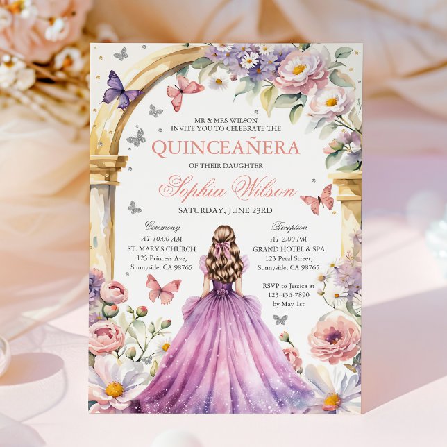 Convite Quinceanera, Borboleta Floral Cor-de-Rosa (Criador carregado)