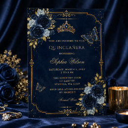 Convite Quinceañera Borboleta Floral Dourada Marinho