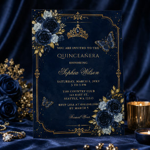 Convite Quinceañera Borboleta Floral Dourada Marinho