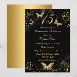 Convite Quinceanera Borboleta Preta Brilho Dourado