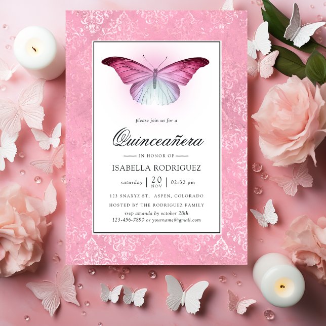 Convite Quinceañera - Borboleta Rosa Brilhante (Criador carregado)