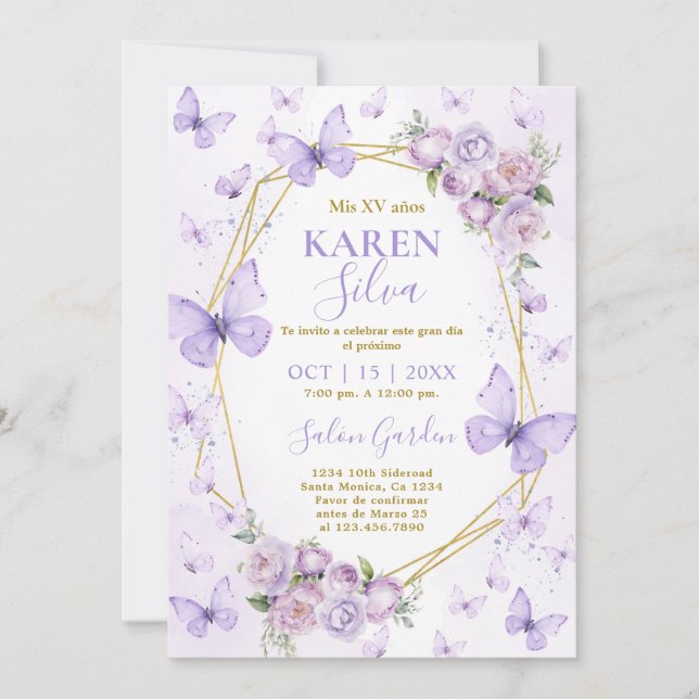 Convite Quinceanera, Borboleta Roxa (Frente)