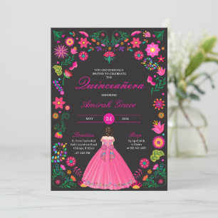 Convite Quinceañera, Bordado Negro e Fuchsia