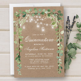 Convite Quinceanera Botanera Green Wood Frame Kraft