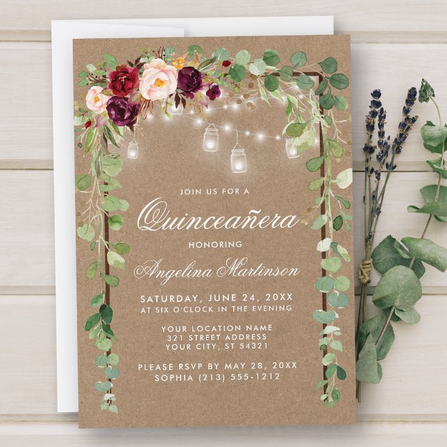 Convite Quinceanera Botânica Madeira Floral Kraft (Customize to add more text or photos to back of card.)