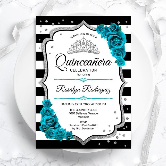 Convite Quinceanera Branca de Prata Teal (Criador carregado)