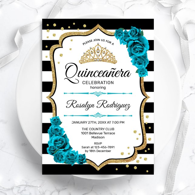 Convite Quinceanera Branca Dourada Teal (Criador carregado)