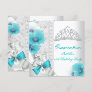 Convite Quinceañera Branco Azul Turquesa Floral Tiara de D