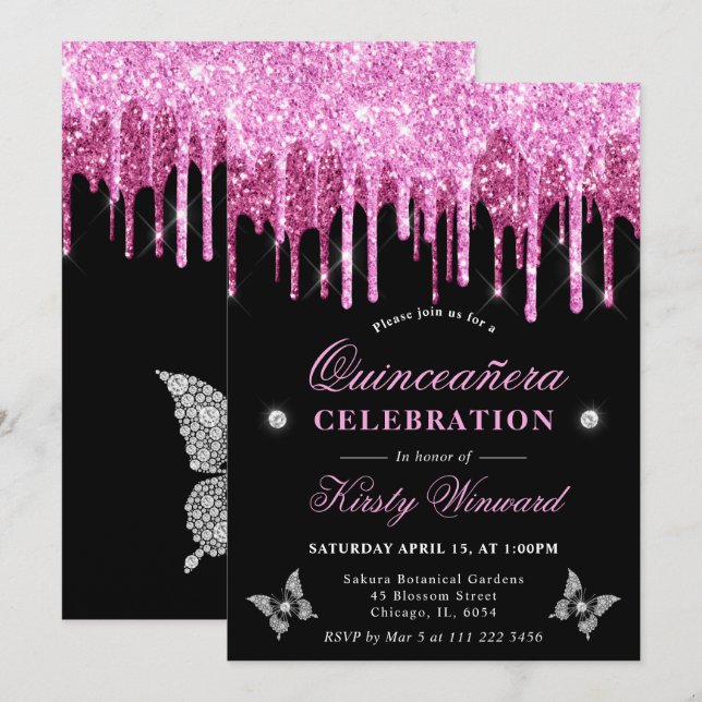 Convite Quinceanera Brilhante Rosa Quente (Frente/Verso)