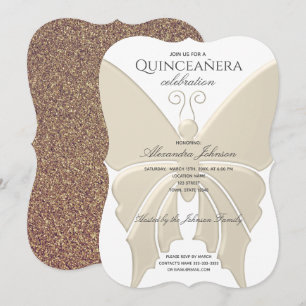 Convite Quinceanera Brilho Borboleta Dourada Aniversário d