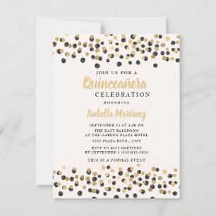 Convite Quinceanera Brilho Confete Dourado Preto Branco