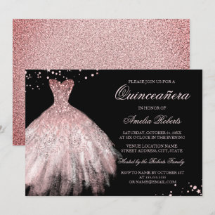 Convite Quinceanera Brilho Rosa em Dourado Rose