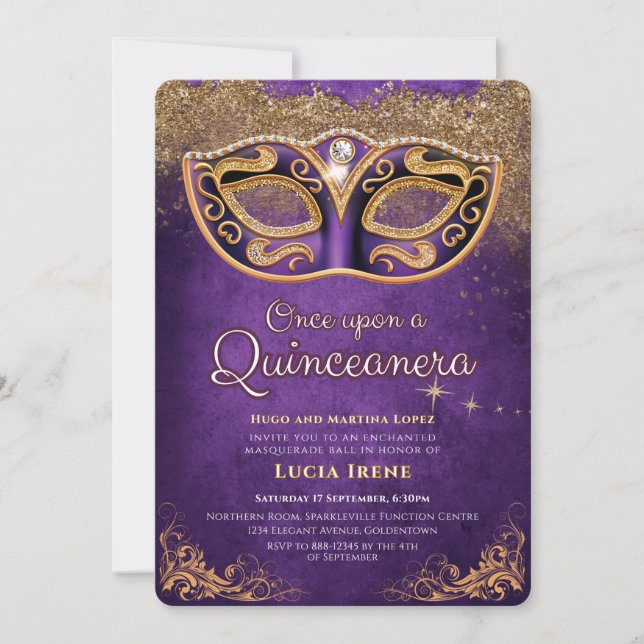 Convite Quinceanera Brilho Roxo (Frente)