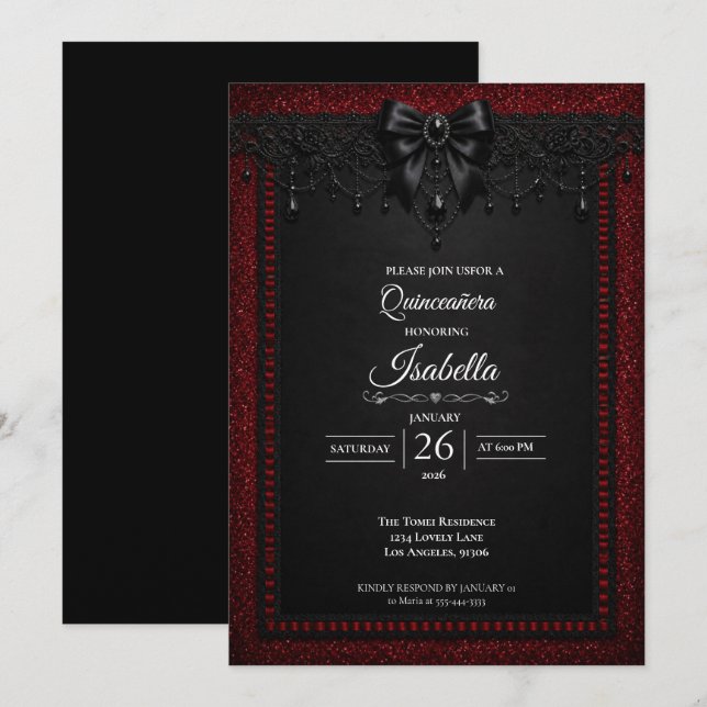 Convite Quinceañera brilho vermelho gótico (Frente/Verso)
