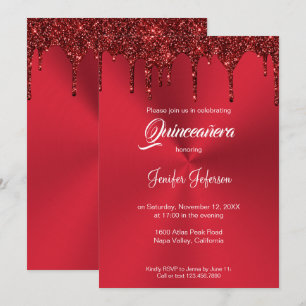 Convite Quinceanera brilho vermelho metálico