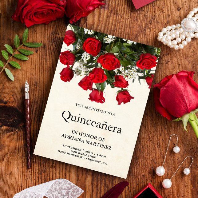 Convite Quinceanera, Buquê Romântico de Rosas vermelhas (Criador carregado)