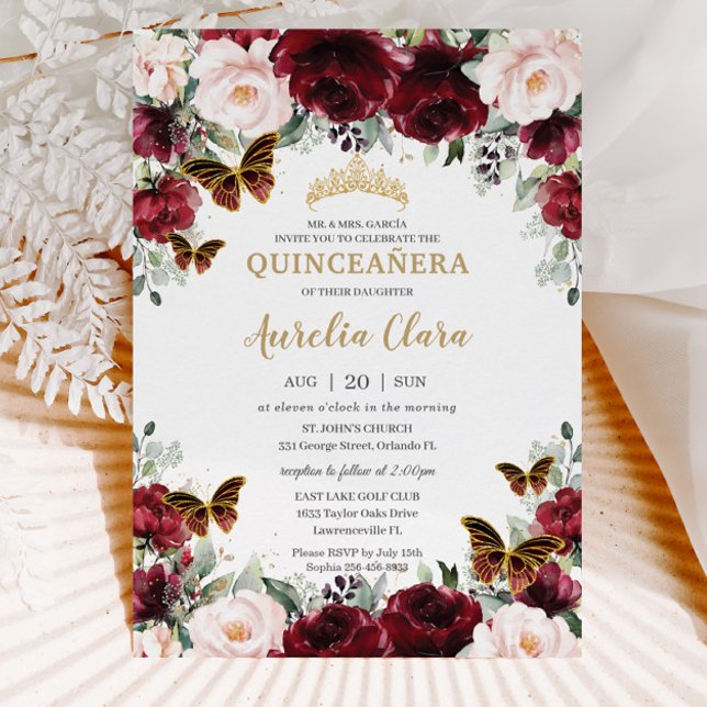 Convite Quinceañera Burgundy Blush Borboletas Douradas (Criador carregado)
