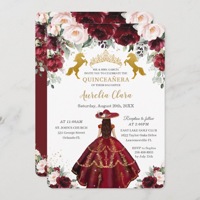 Convite Quinceañera Burgundy Blush Cavalos Charro Florais (Frente/Verso)