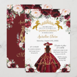 Convite Quinceañera Burgundy Blush Cavalos Charro Florais