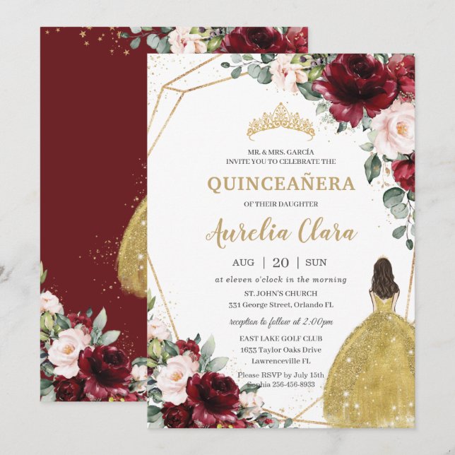 Convite Quinceañera Burgundy Blush Coroa Dourada Floral (Frente/Verso)