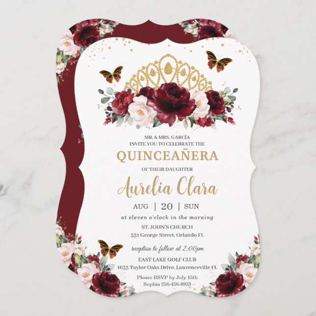 Convite Quinceañera Burgundy Blush Coroa Dourada Floral (Frente/Verso)