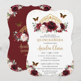 Convite Quinceañera Burgundy Blush Coroa Dourada Floral