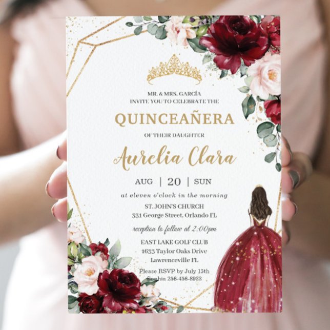 Convite Quinceañera Burgundy Blush Floral Dourada Princesa (Criador carregado)