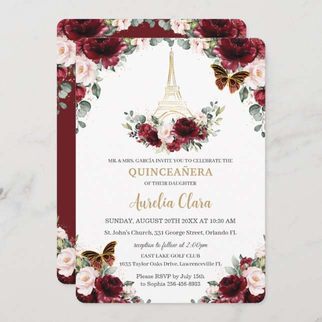 Convite Quinceañera Burgundy Blush Floral Paris Butterfly (Frente/Verso)