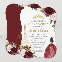 Convite Quinceañera Burgundy Blush Floral Paris Dourada Co