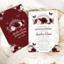 Convite Quinceañera Burgundy Blush Floral Silver Crown