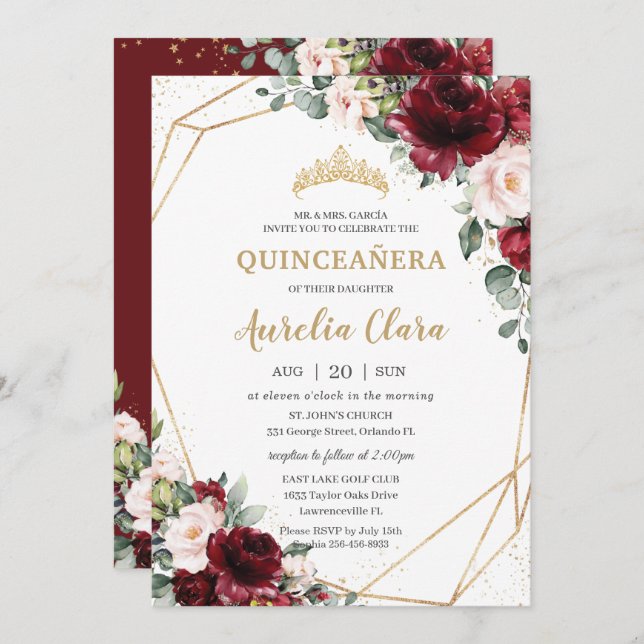 Convite Quinceañera Burgundy Blush Geométrico Dourado (Frente/Verso)