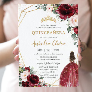 Convite Quinceañera Burgundy Blush Princesa Dourada Flora