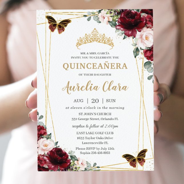Convite Quinceañera Burgundy Blush Princesa Floral Tiara (Criador carregado)