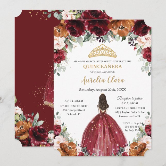 Convite Quinceañera Burgundy Blush Rust Princesa Floral (Frente/Verso)