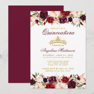 Convite Quinceanera Burgundy Coroa Dourada Floral