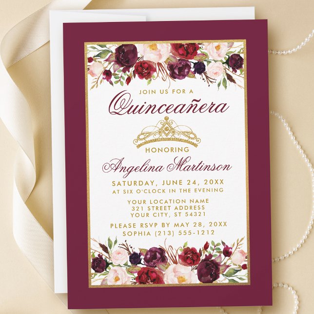 Convite Quinceanera Burgundy - Coroa Dourada Floral (Customize to change text color, style, add text & photos to back or change color of back of card.)