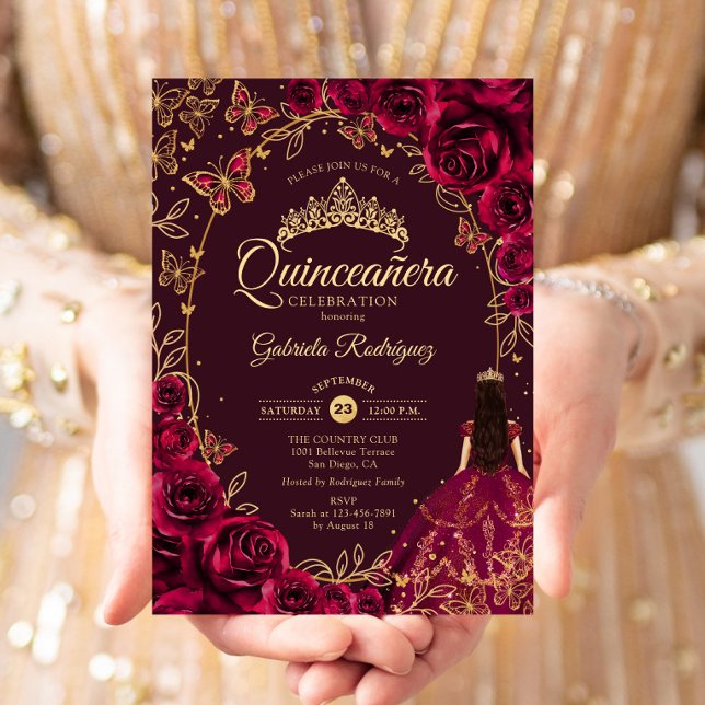 Convite Quinceanera Burgundy Dourada (Criador carregado)