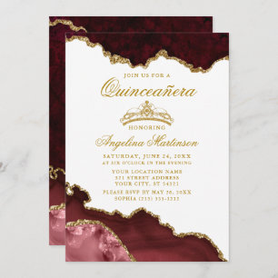 Convite Quinceanera Burgundy Dourada Coroa Marble