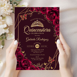 Convite Quinceanera Burgundy Dourada Floral