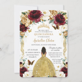 Convite Quinceañera Burgundy Dourada Floral Brown Girl