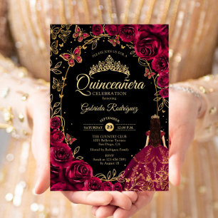 Convite Quinceanera Burgundy Dourado