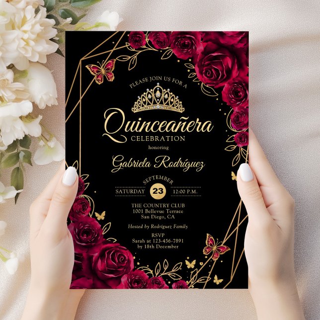 Convite Quinceanera Burgundy Dourado (Criador carregado)