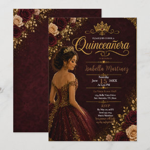 Convite Quinceañera Burgundy e Dourado