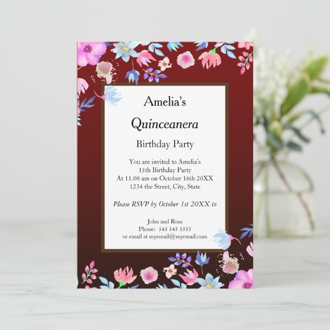 Convite Quinceanera Burgundy - festas de aniversário (Em pé/Frente)