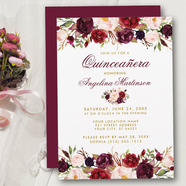 Convite Quinceanera Burgundy Floral Dourada (Customize to change text color, style, add text & photos to back or change color of back of card.)