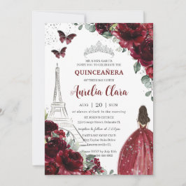 Convite Quinceañera Burgundy Floral Paris Eiffel Princesa