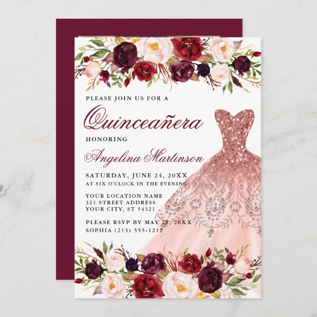 Convite Quinceanera Burgundy Foto De Vestido Floral De Vol (Frente/Verso)