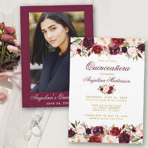 Convite Quinceanera Burgundy Foto Dourada